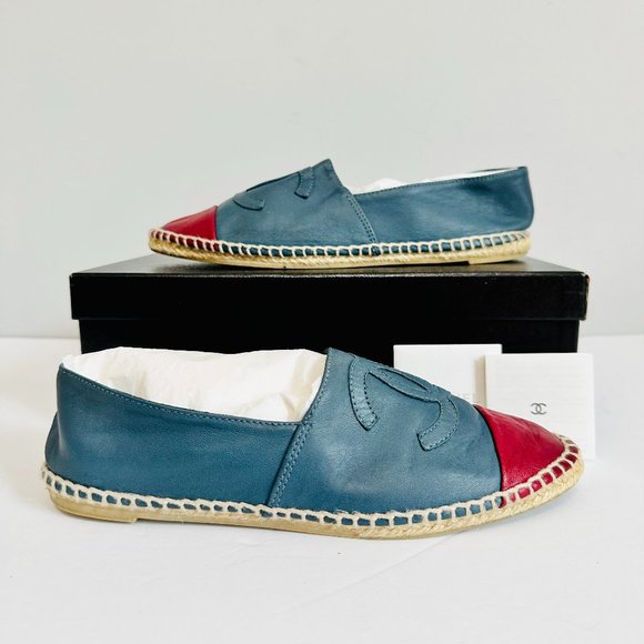AUTHENTIC CHANEL LEATHER RED AND BLUE ESPADRILLES MADE IN SPAIN - Picture 1 of 10